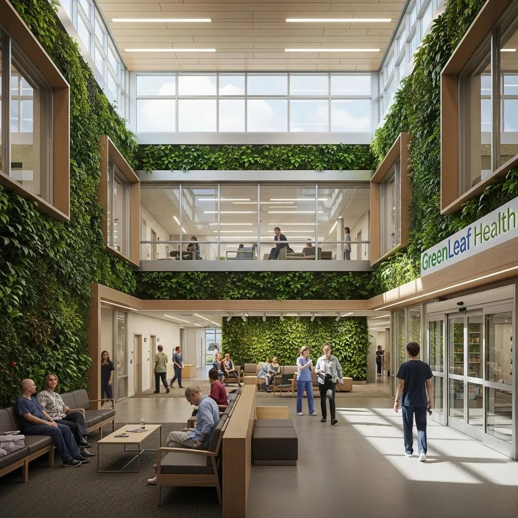 Eco-friendly healthcare facility highlighting sustainable design features