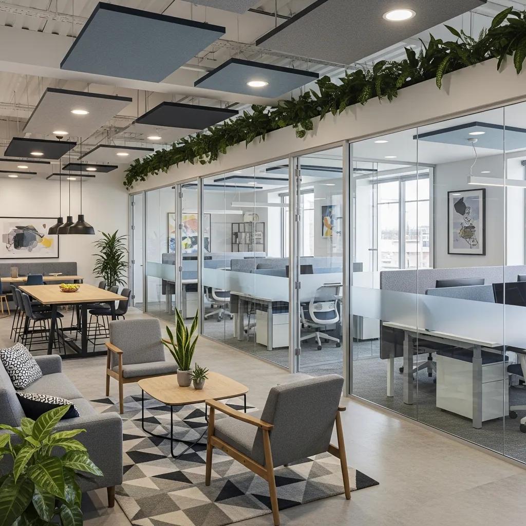 Effective office space planning demonstrating collaboration and acoustic control in a stylish environment