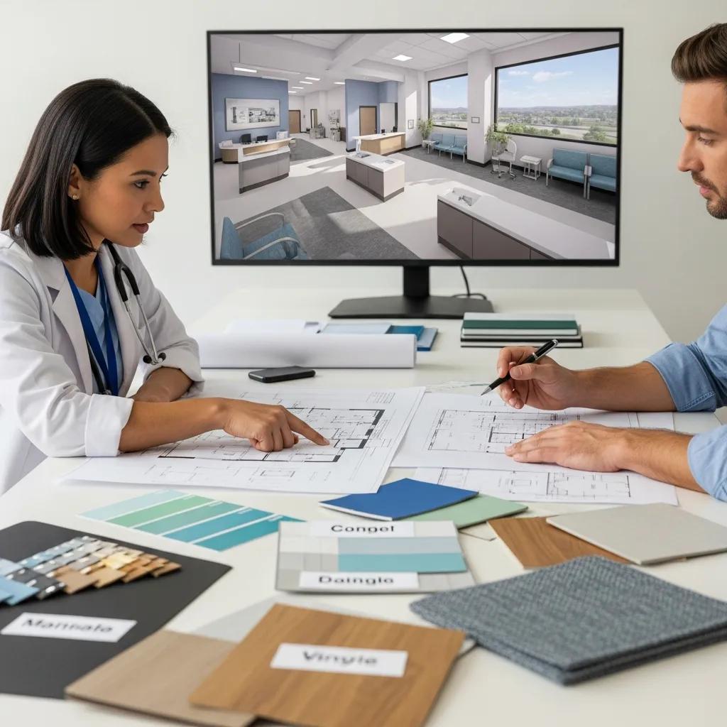 Healthcare professional reviewing architectural plans for a medical fitout in a modern office