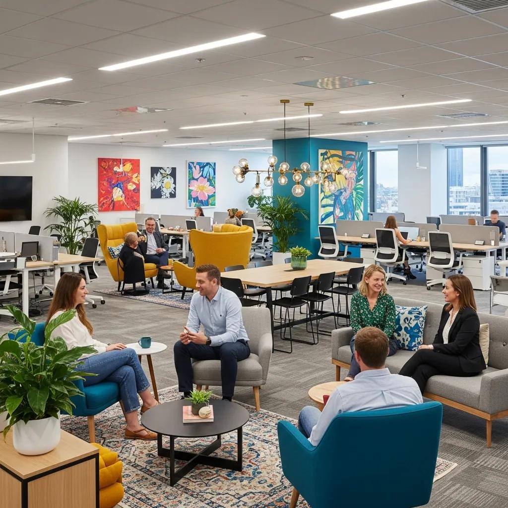 Modern office fitout in Brisbane with open workstations and collaborative areas
