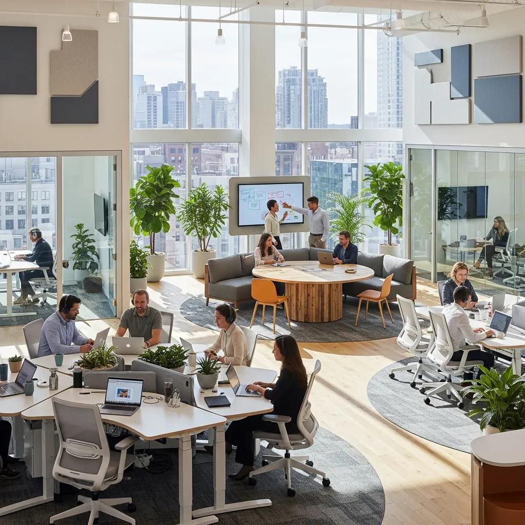 Modern office workspace with ergonomic furniture and natural light