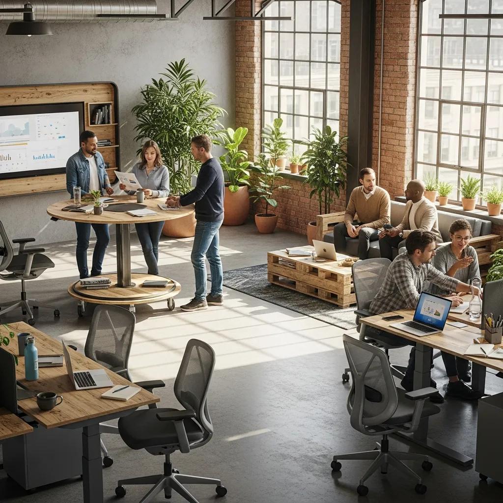 Modern office workspace with ergonomic furniture and natural lighting
