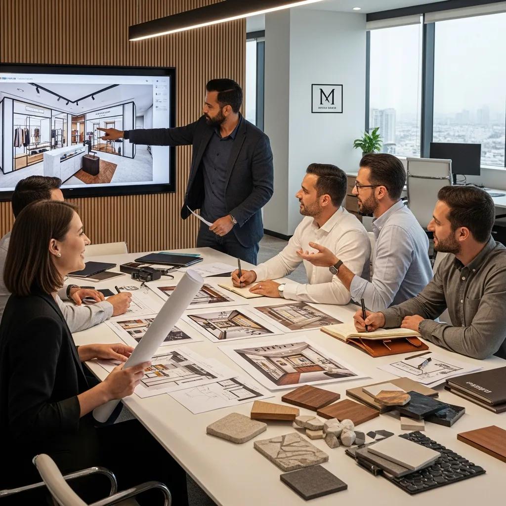 Professional team collaborating on retail fitout design and shopfitting services