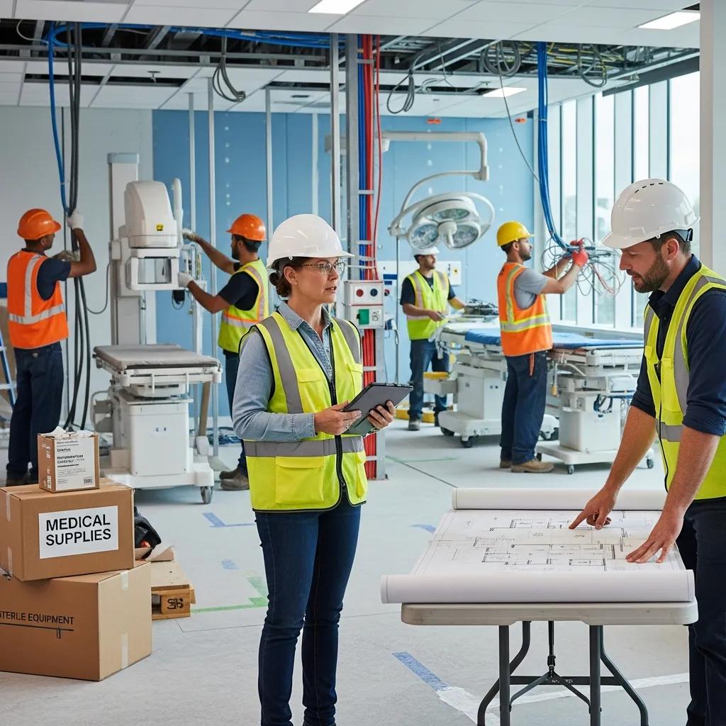 Project manager overseeing construction of a medical fitout with workers and blueprints
