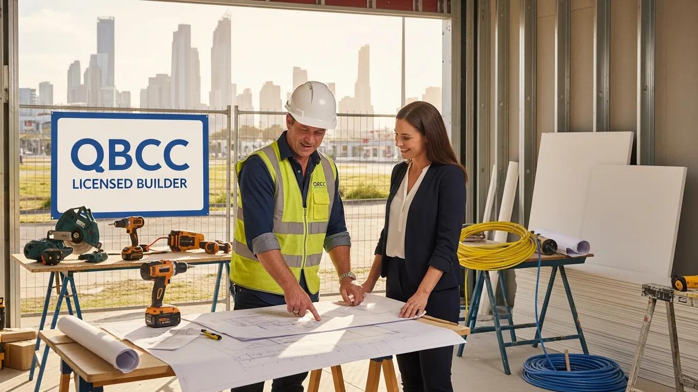 QBCC-licensed builder reviewing plans on-site for retail fitout in Gold Coast