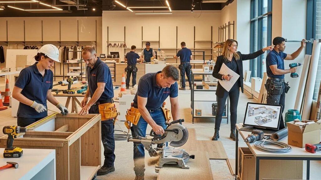Shop fitters collaborating on a commercial fitout in Brisbane, emphasizing teamwork and expertise