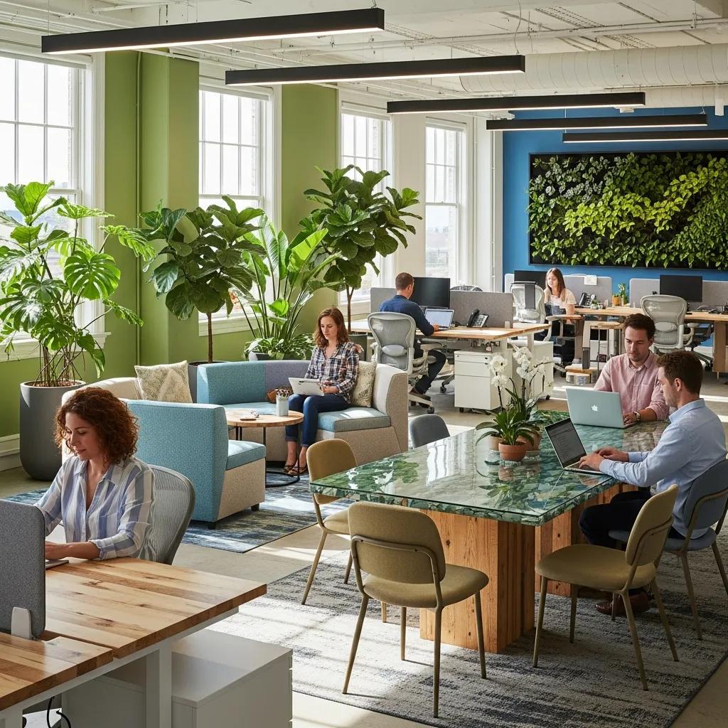 Sustainable and wellness-focused office design showcasing eco-friendly materials and collaborative spaces