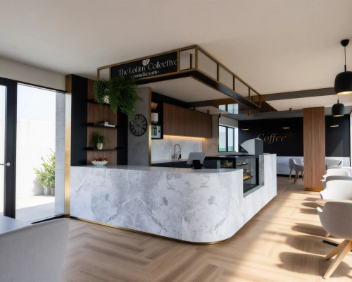 Modern café interior featuring a marble counter, stylish wooden accents, and branding for "The Lobby Collective," emphasizing premium design and functional layout for hospitality environments.
